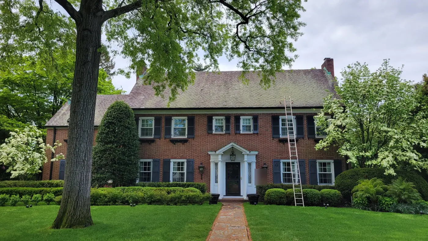 Brick Georgian under a big old tree in Old Westbury before slate cleaning
