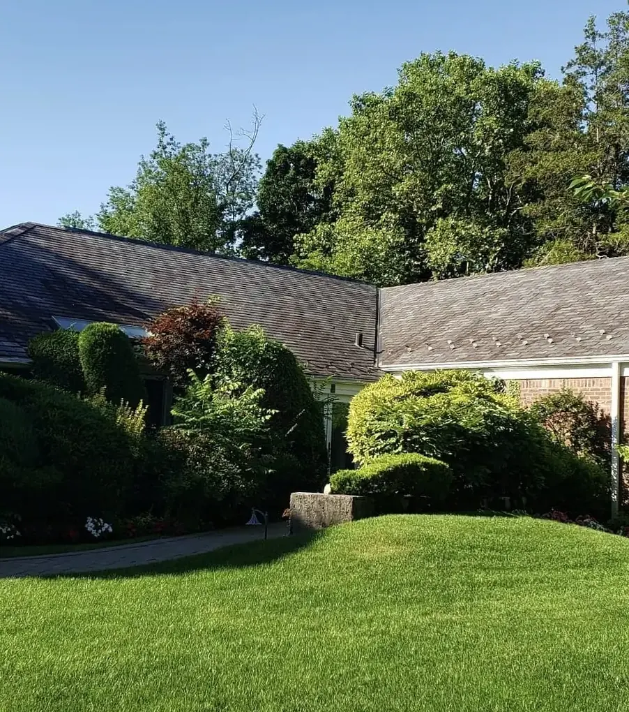 Brick ranch with snow guards in Sands Point before slate cleaning